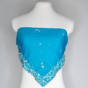 Blue Hand Beaded Handkerchief Crop Top
